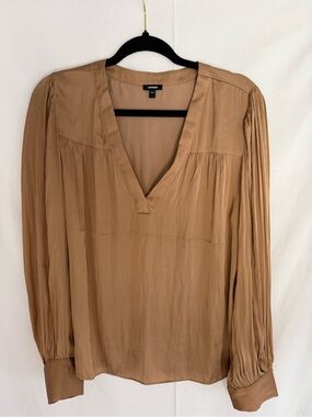 Express Women's Tan V-Neck Pleated Long Sleeve Blouse